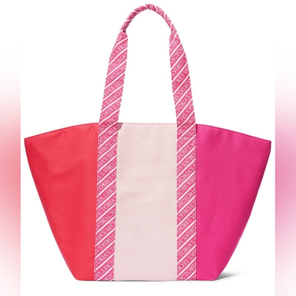 Victorias Secret Canvas Logo Colorblock Tote Overnight Weekender Bag Pink Orange